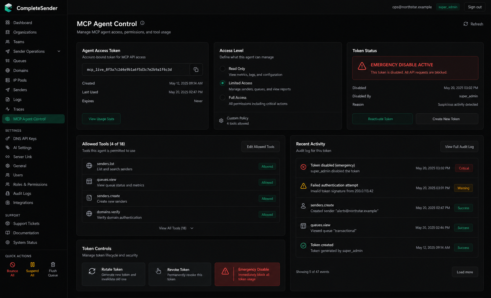CompleteSender MCP Agent Control screen with scoped tools, audit activity, and emergency disable