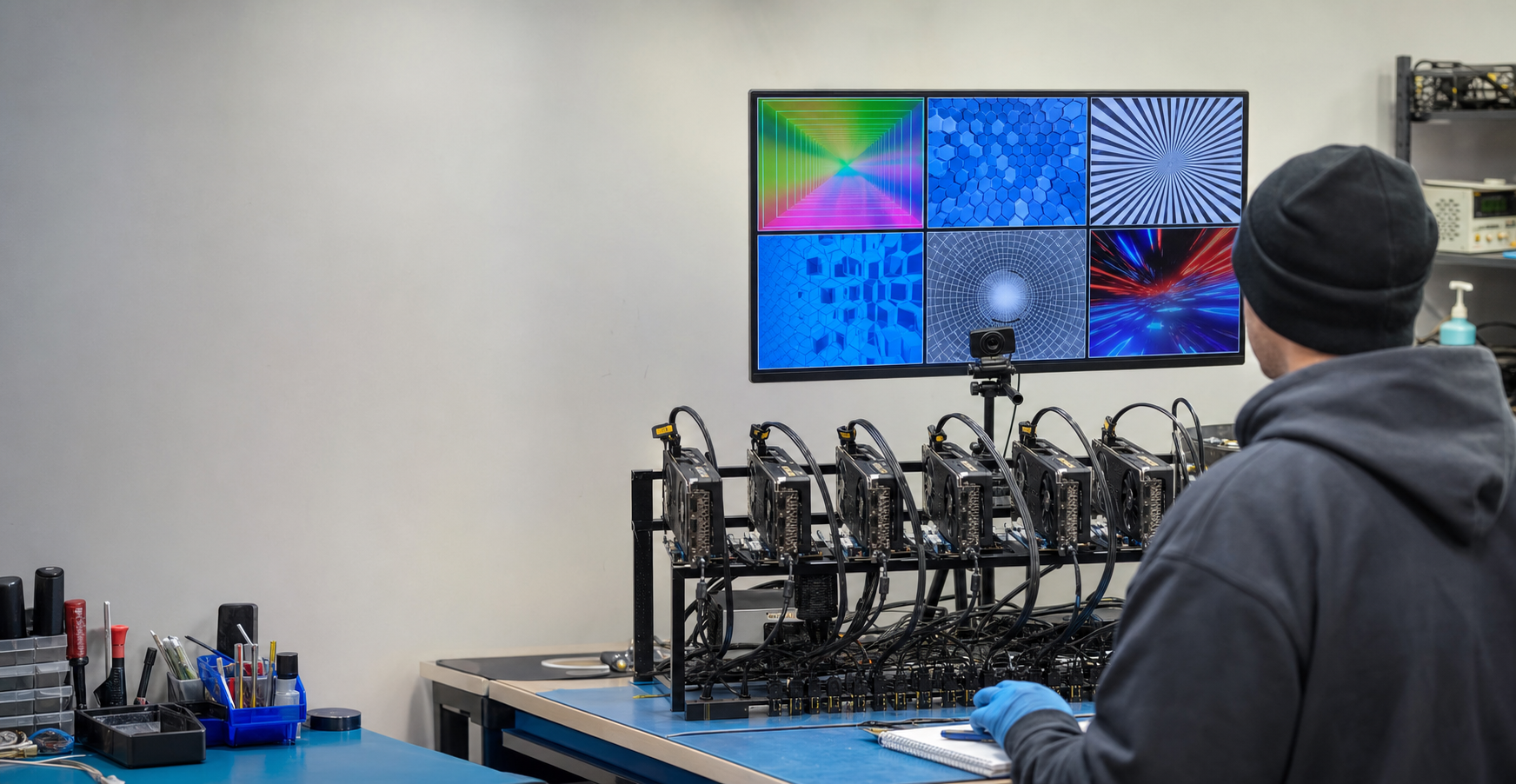 Technician operating a six-GPU refurbishment test bench with a monitor grid and webcam verification
