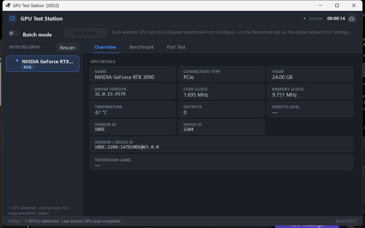 GPU Test Station showing a detected GPU and its diagnostic overview.