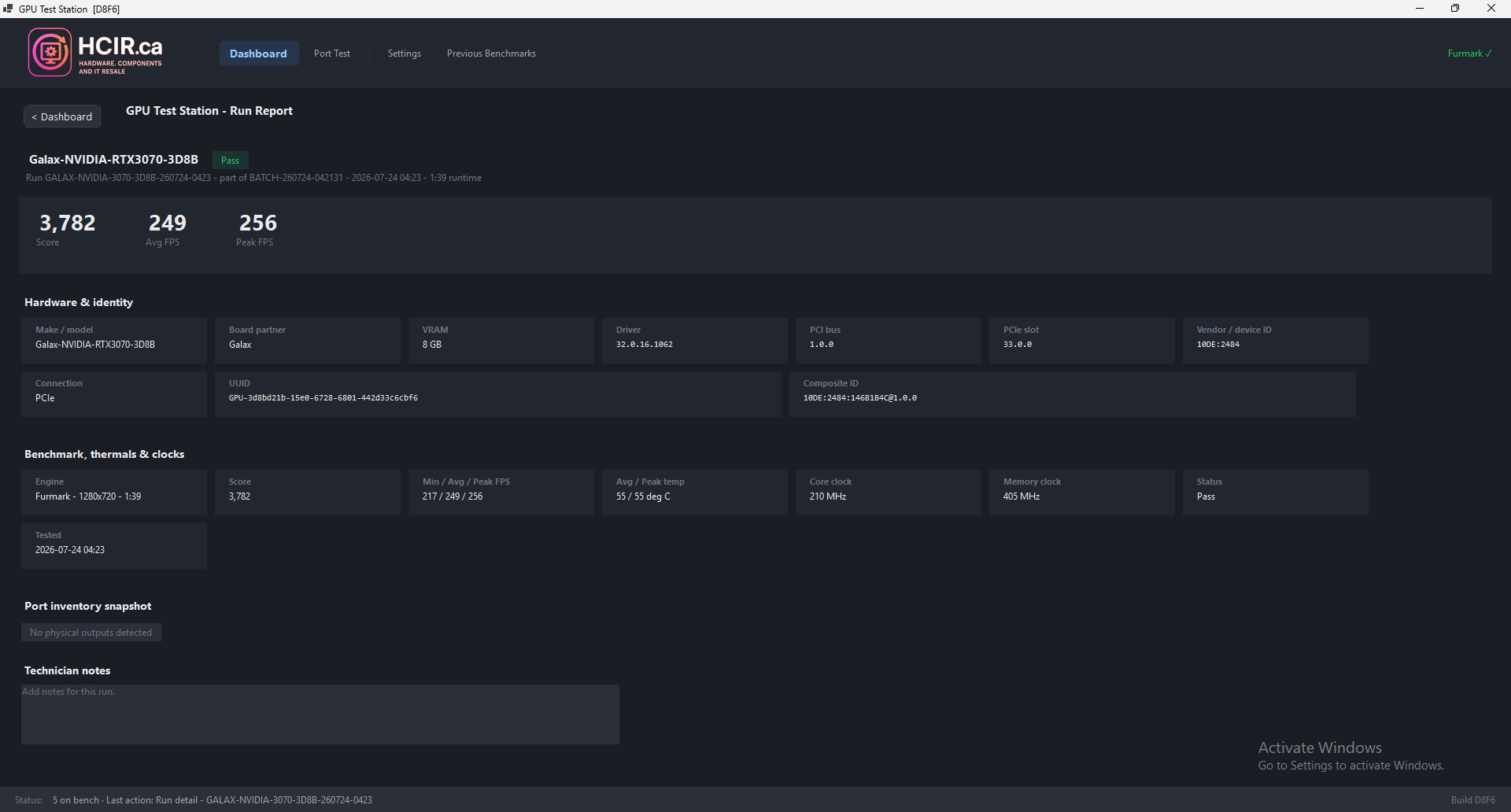 GPU Test Station run report with GPU identity, benchmark score, frame rates, thermal data, and pass result.