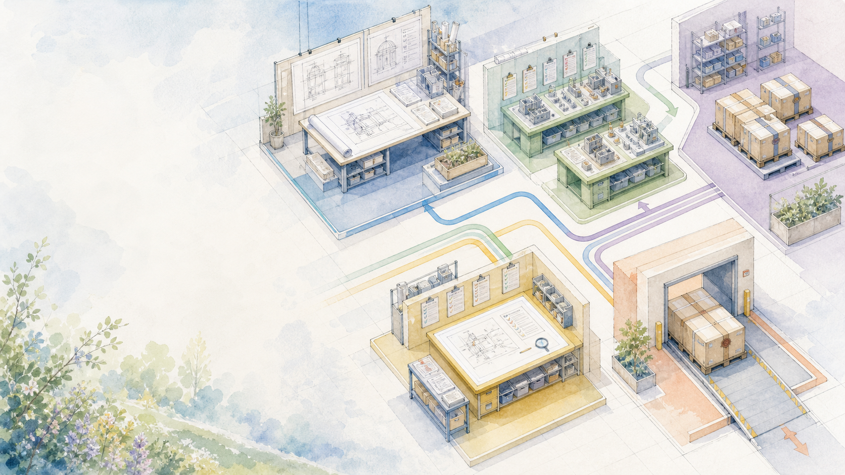 Illustrated factory floor showing connected planning, review, build, and delivery stations