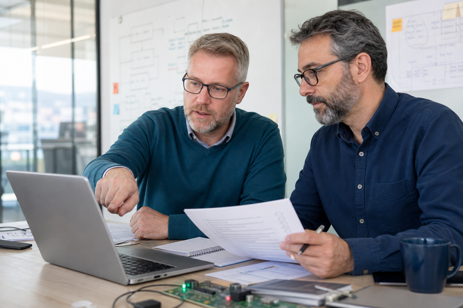 Sarolta engineers reviewing software delivery evidence