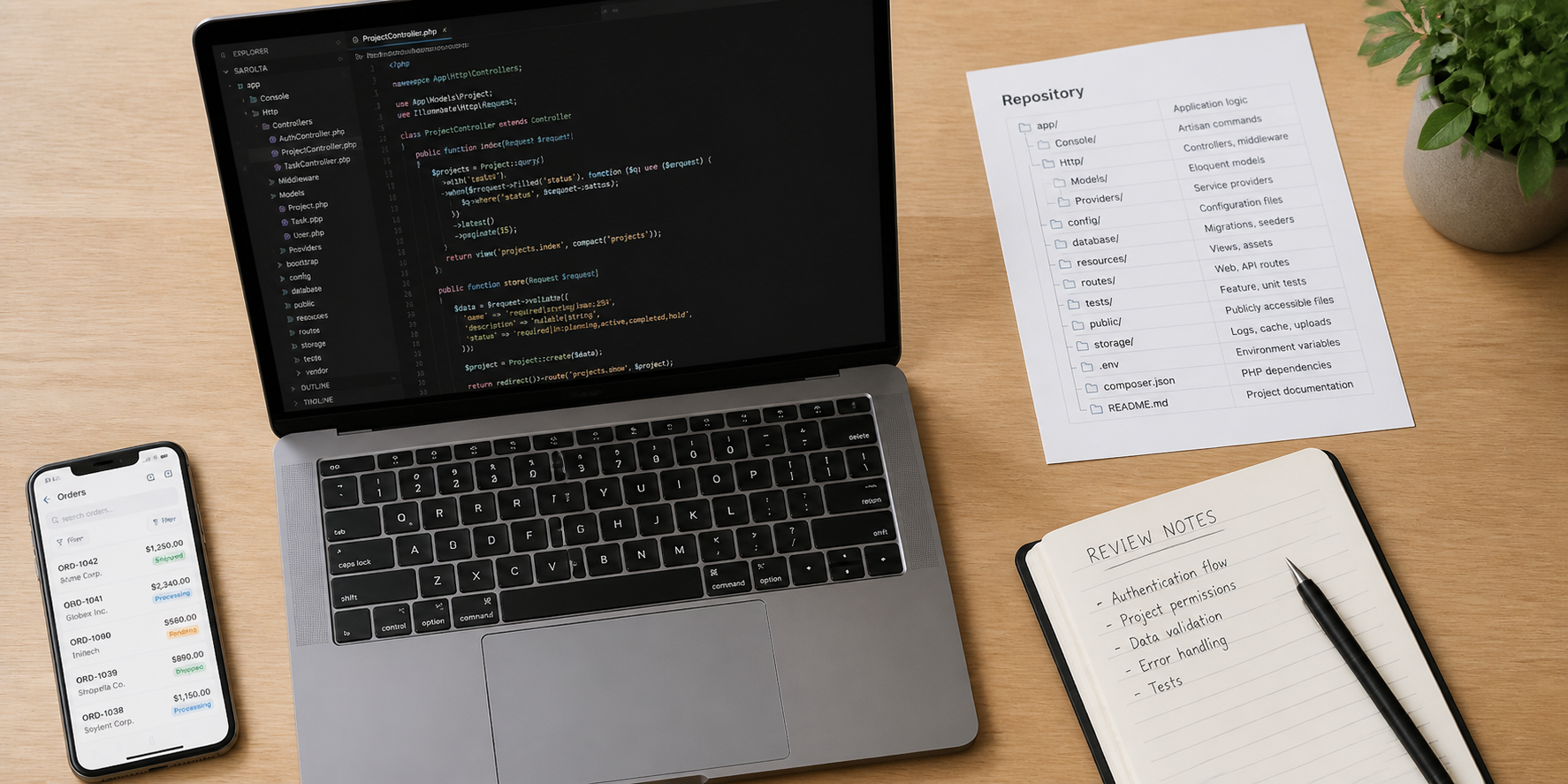 Software repository, code editor, order screen, and review notes