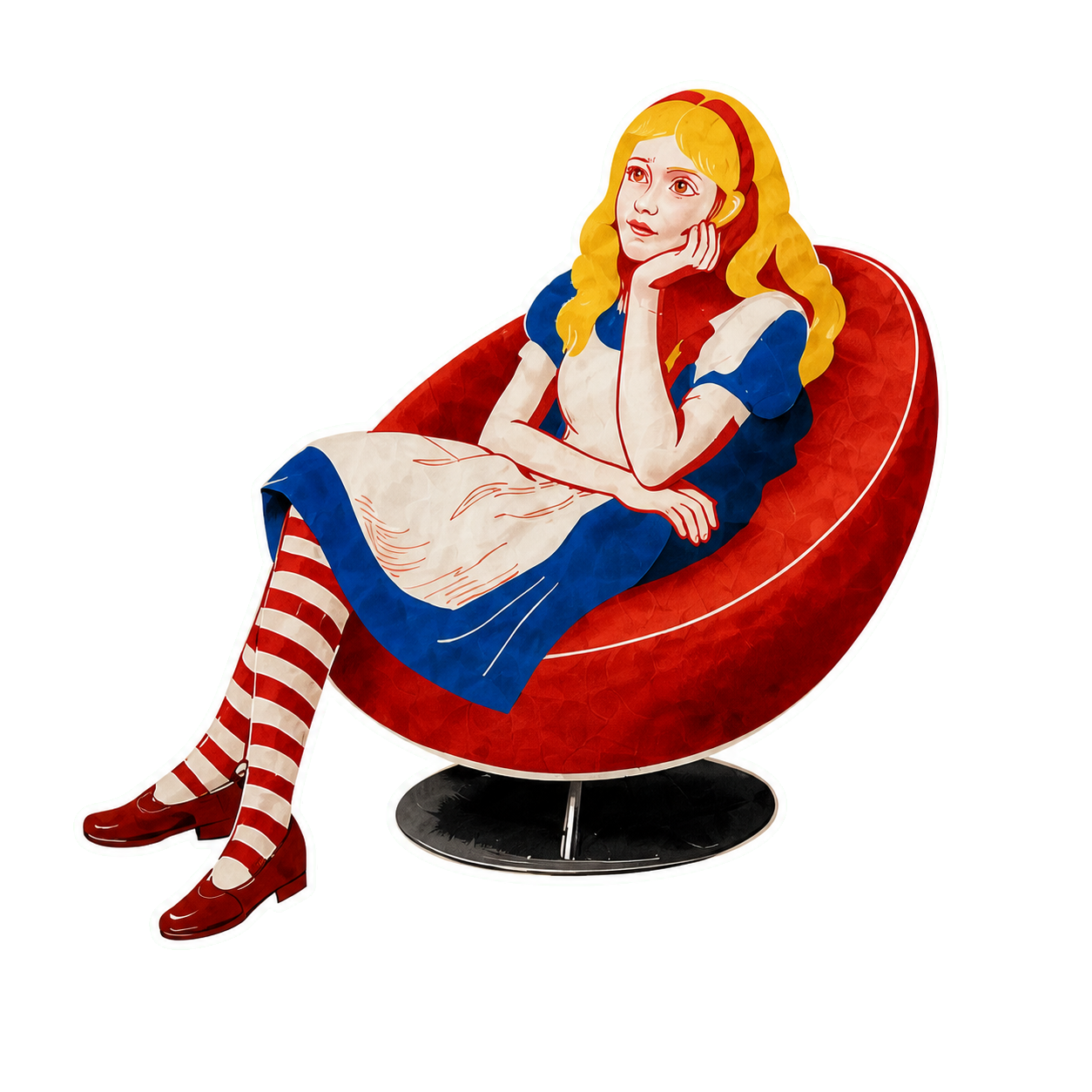 Alice in a red chair with red shoes