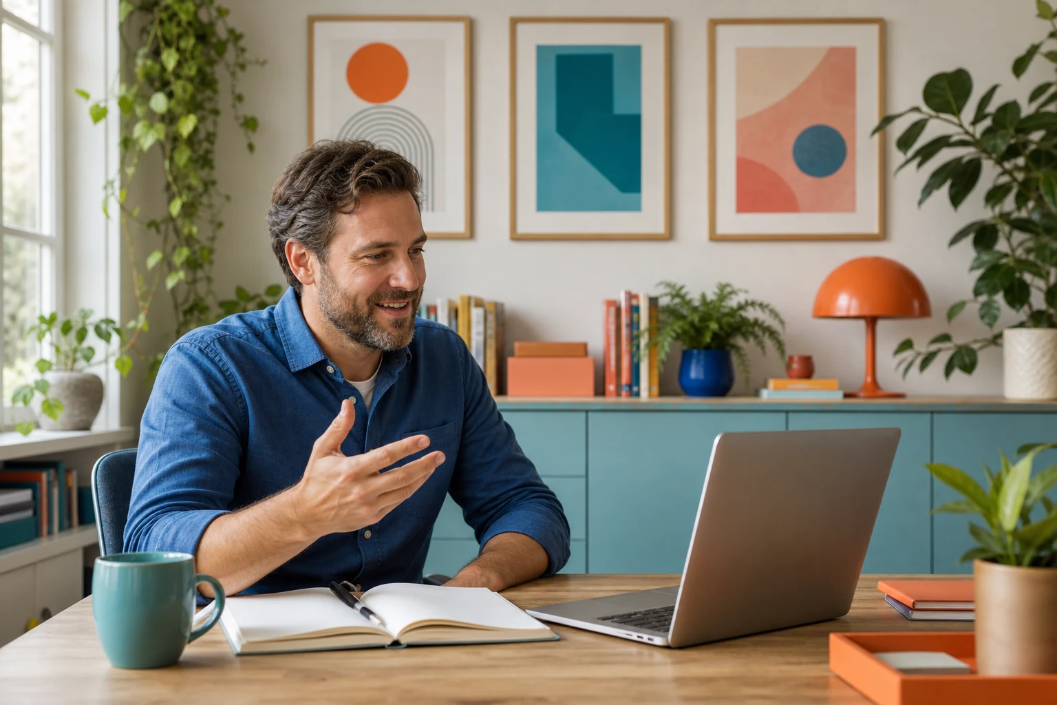 Engineer collaborating with a client from a bright creative office
