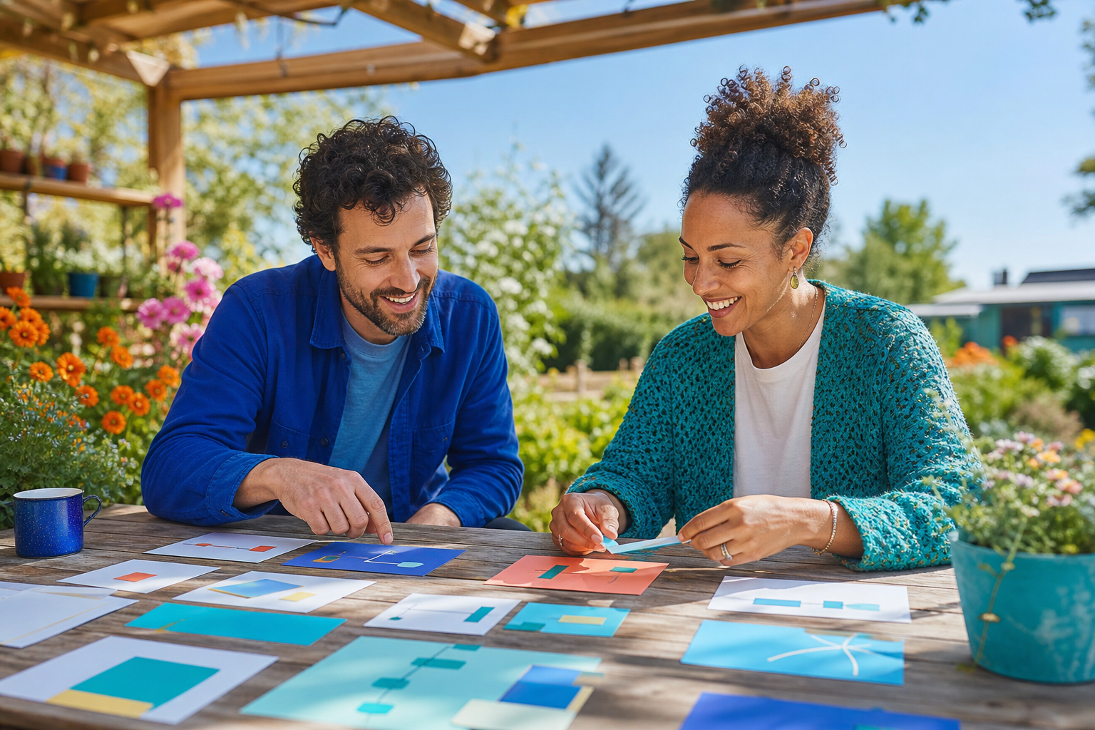 Two colleagues reviewing colourful product-planning cards at a garden worktable.