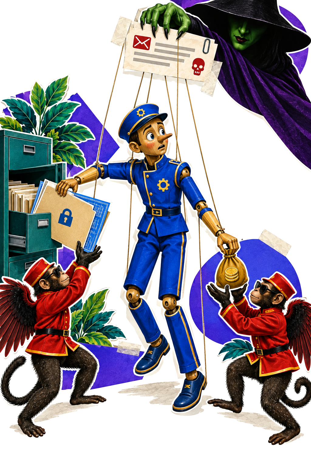 Illustration of readable system instructions amid disrupted infrastructure.