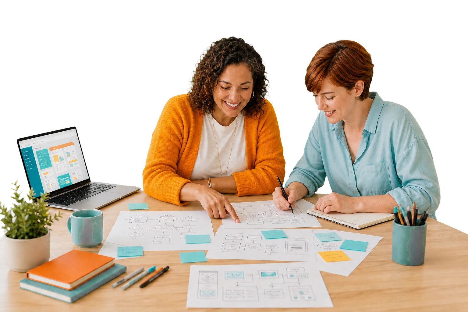 Illustrated colleagues planning a workflow together