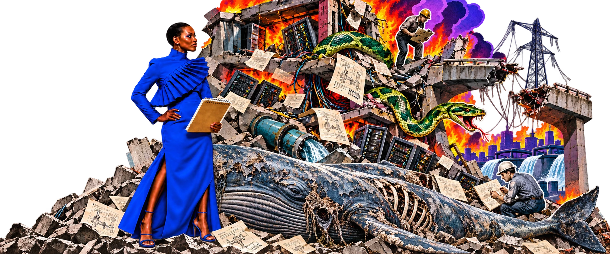 AI Apocalypse collage with a dead decaying blue whale and transparent background