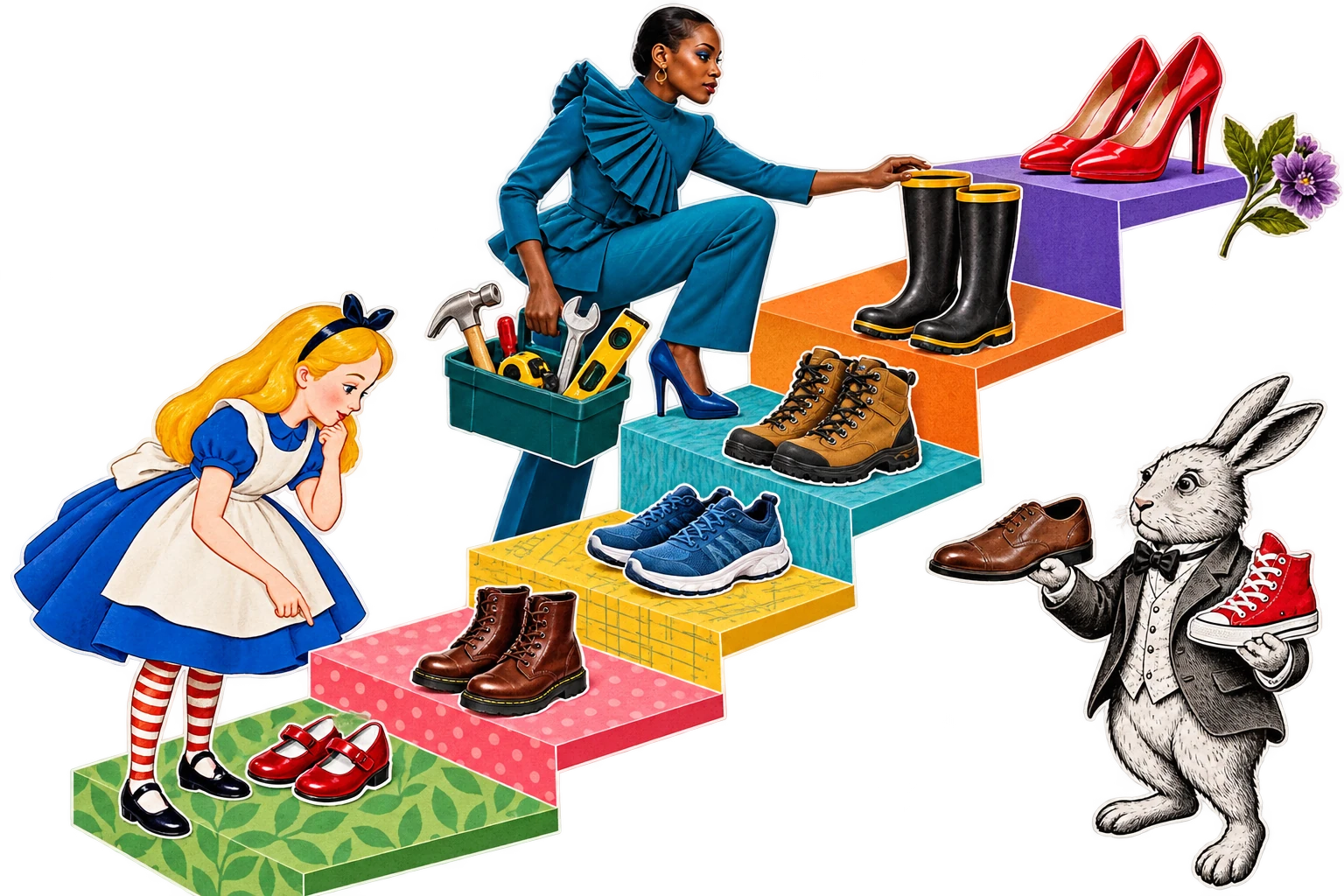 Alice and HUMAN teal-clad worker choose differently sized shoes and tools along an ascending set of flat paper steps; each step has a different purpose. Fit the stage and user, no building or office.