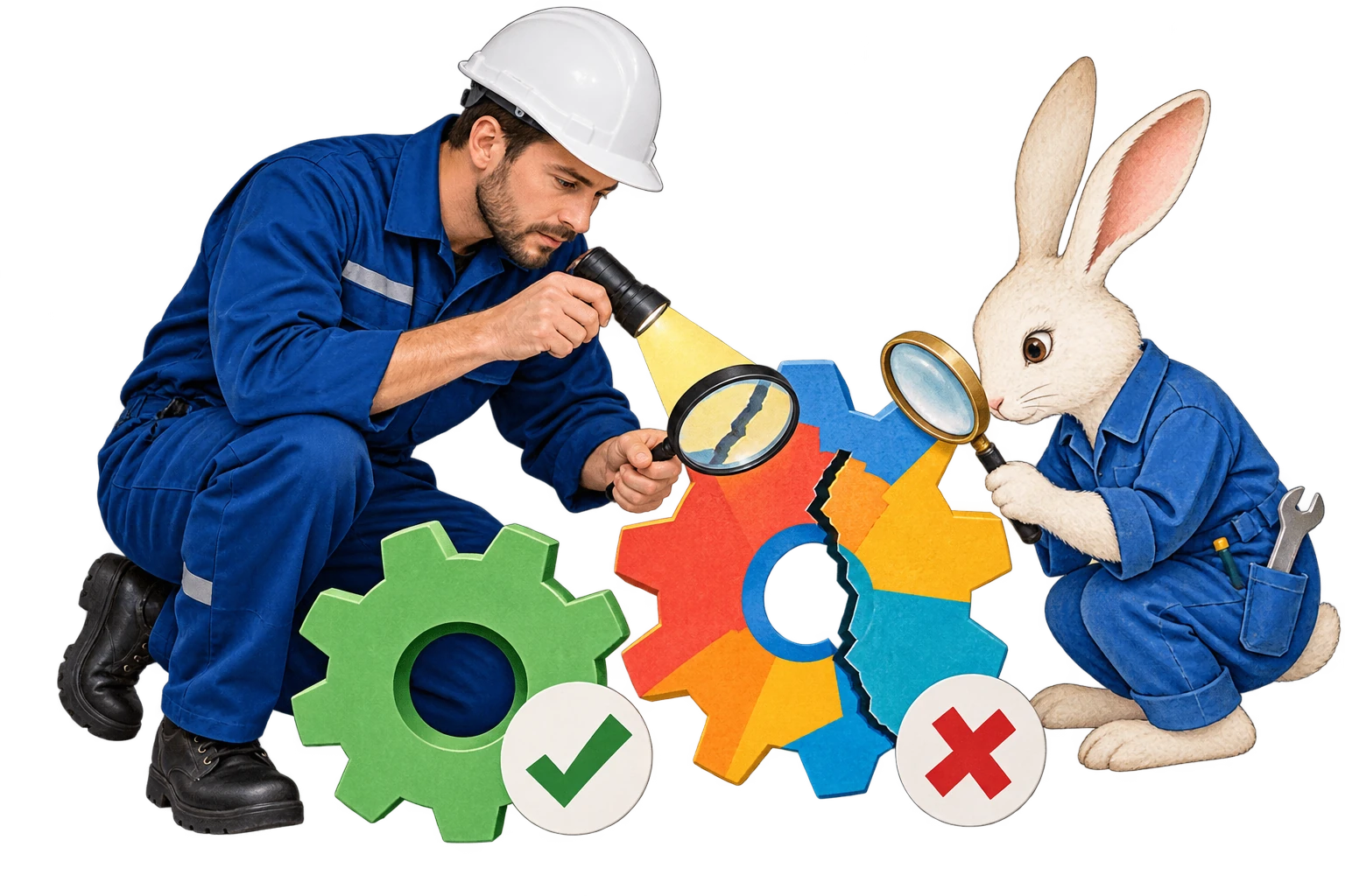 Engineer and rabbit inspect a damaged gear