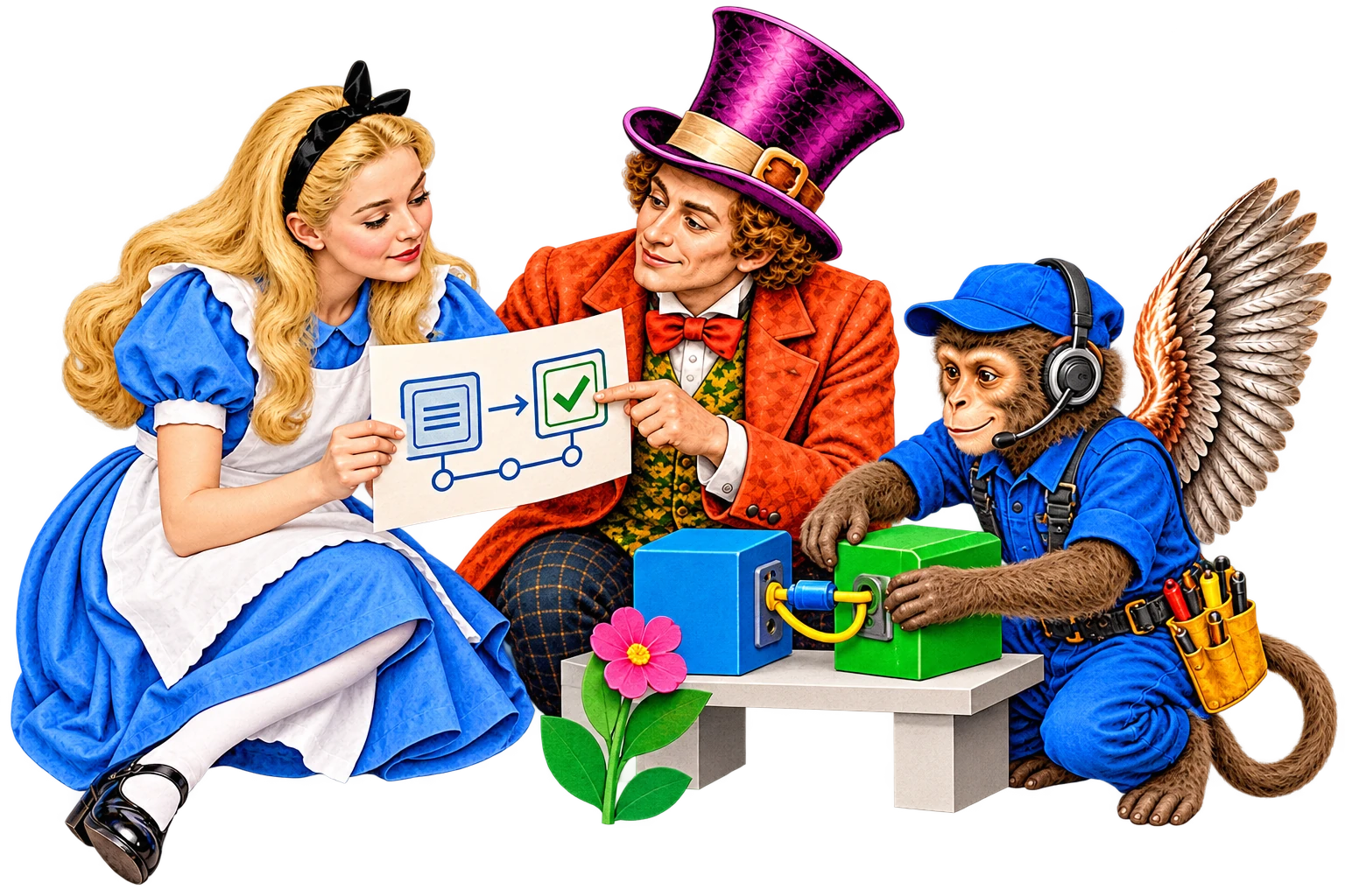 Alice and the Mad Hatter guide a bird-winged AI agent through a practical workflow