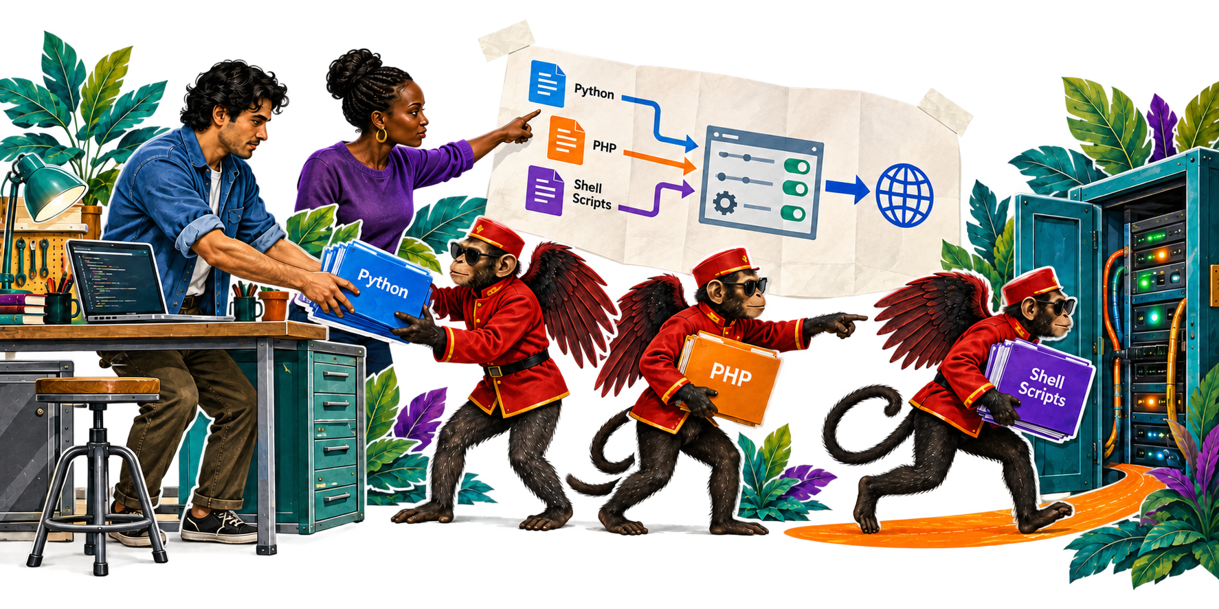 Illustration of readable system instructions amid disrupted infrastructure.