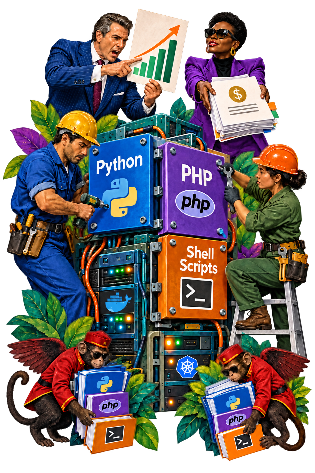 Illustration of readable system instructions amid disrupted infrastructure.