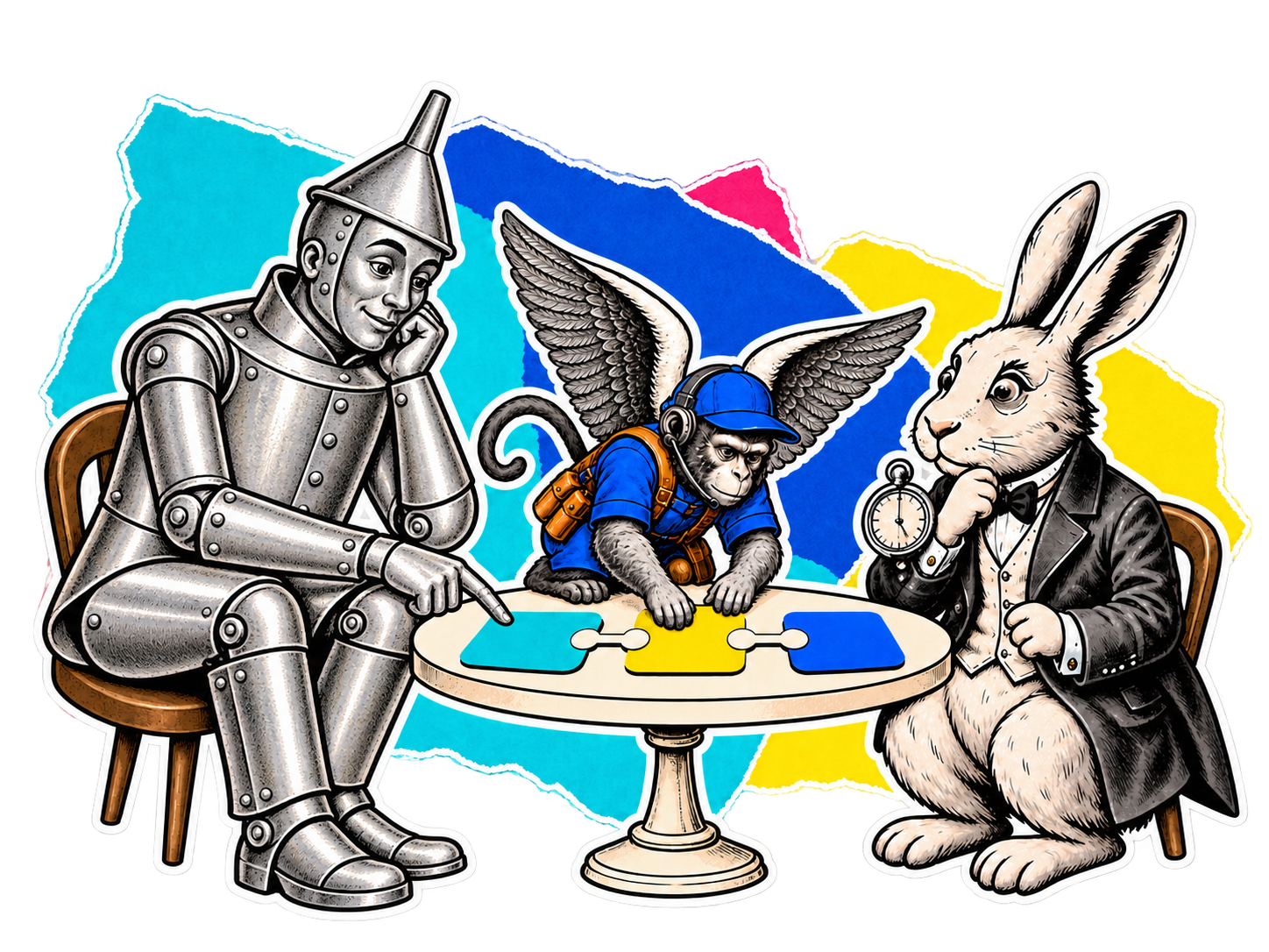 Tin Man and White Rabbit reviewing a workflow assembled by a flying monkey AI agent